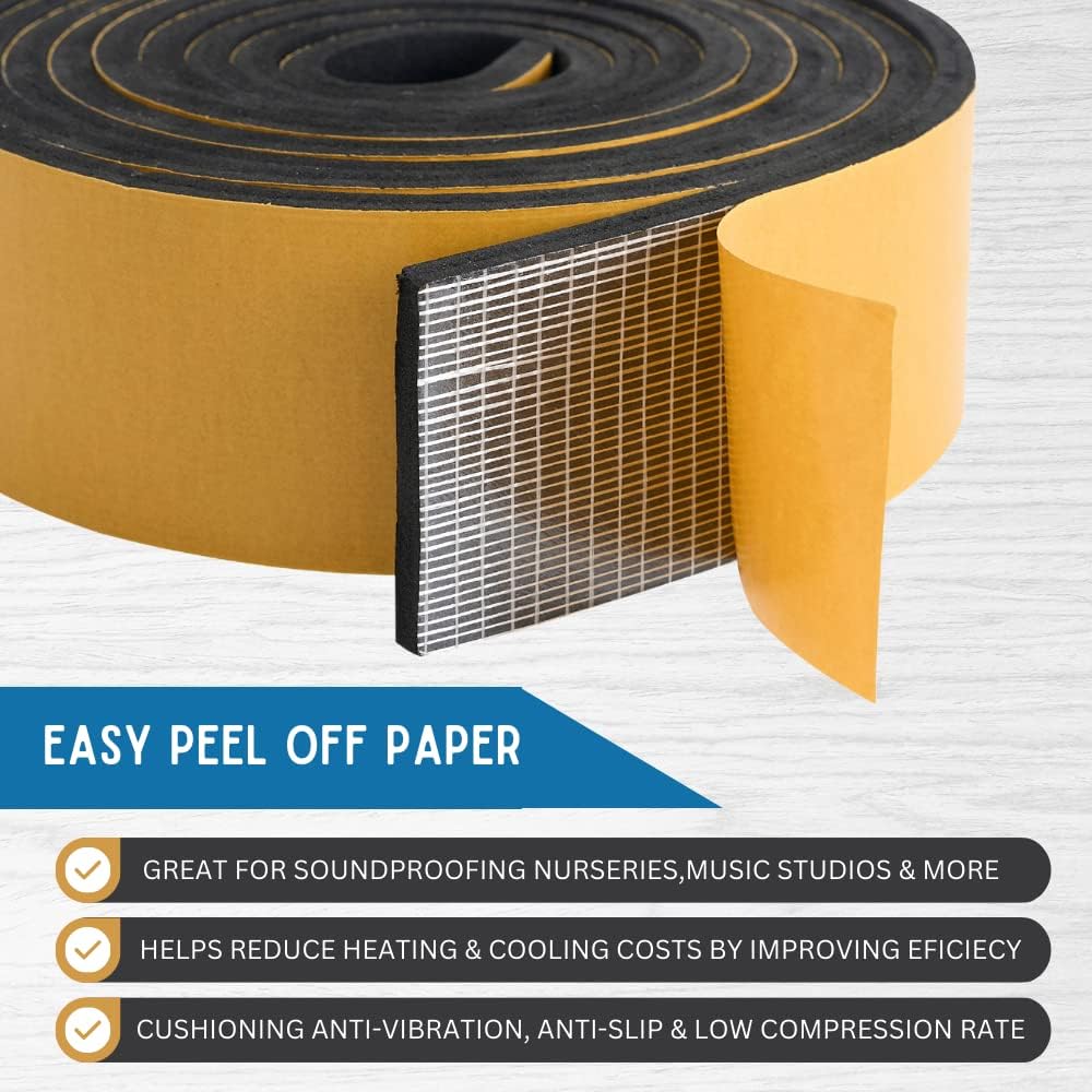 High Density Foam Weather Stripping Door Seal Strip Insulation Tape Roll for Insulating Door Frame, Window, Air Conditioner | Self Adhesive Sealing Weatherstrip (4 in x 1/8 in x 10 Ft, Black)