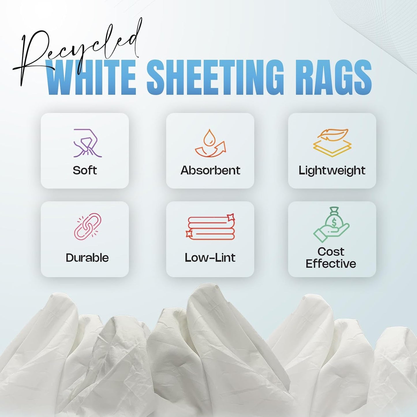 Recycled White Sheeting Cleaning Rags (600 lbs. Pallet 24x25 lbs. Box) โ Lint Free White Cotton Cloths for Manufacturing | Automotive | Janitorial | Shop Rags Bulk - Multipurpose