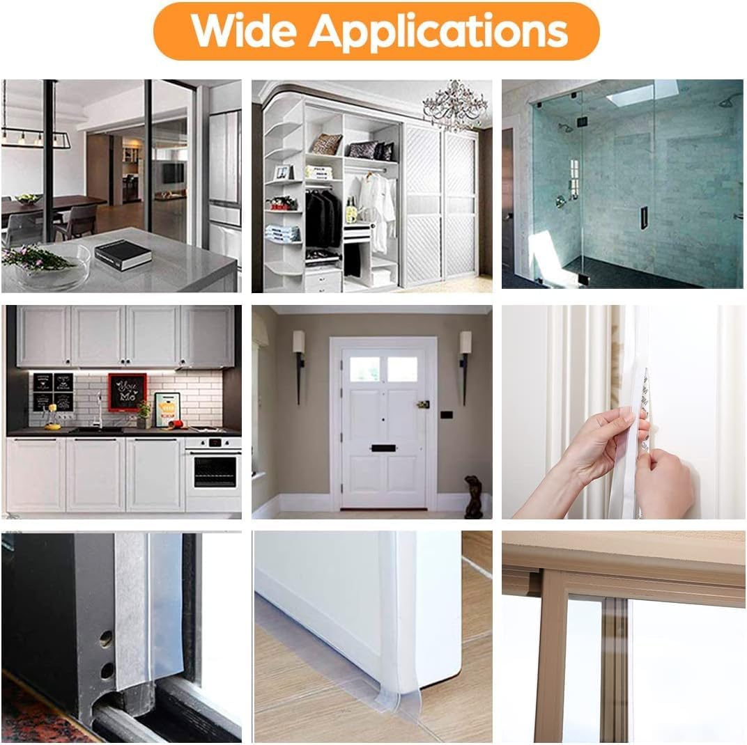 Door Weather Stripping Door Seal Strip Tape,Silicone Door Draft Stopper,Self Adhesive Shower Door Bottom Seal and Door Insulation Strip for Door Frame Windows and Glass Gaps 20 Ft (Transparent, 25mm)