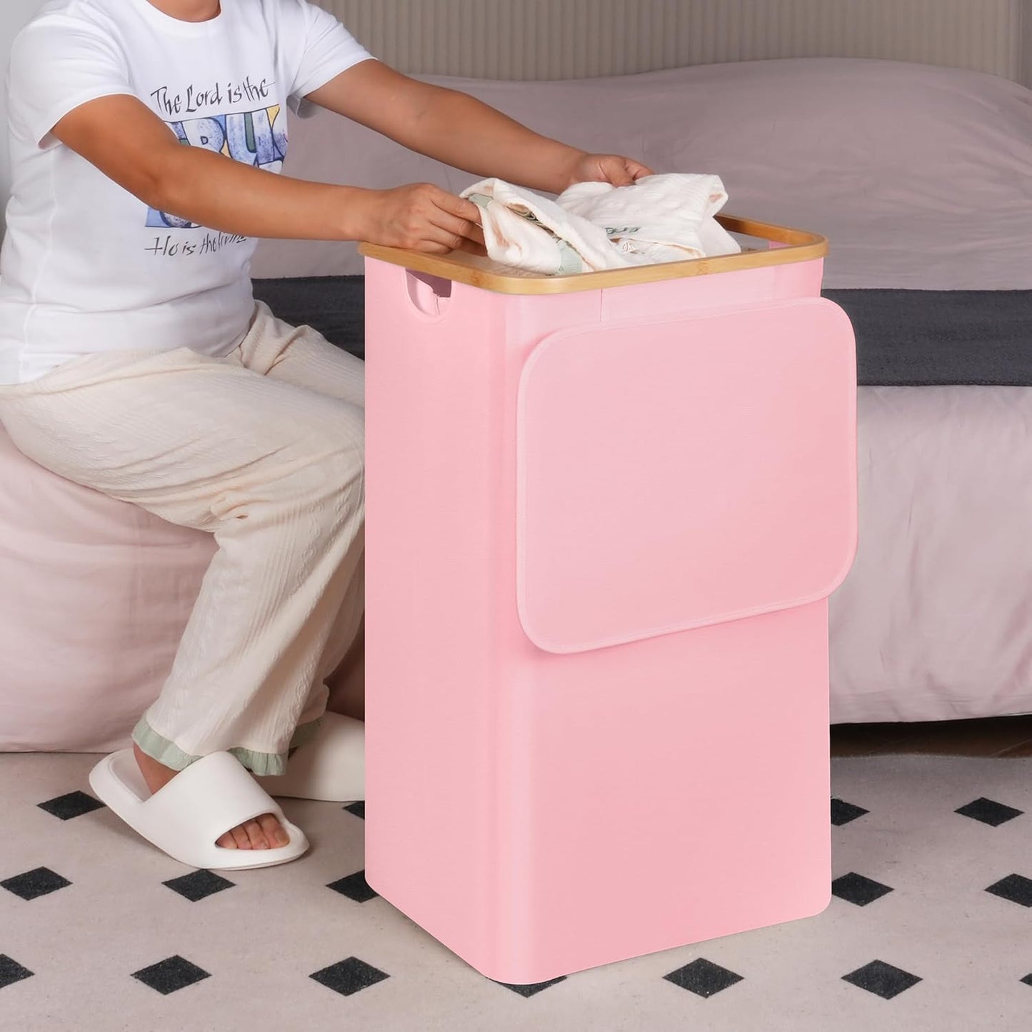 26 Gal Laundry Basket with Lid and Net Bag, Tall Laundry Hamper with Bamboo Handles, Aesthetic Dirty Clothes Bin for Laundry Room, Bathroom, Bedroom and Dorm, Pastel
