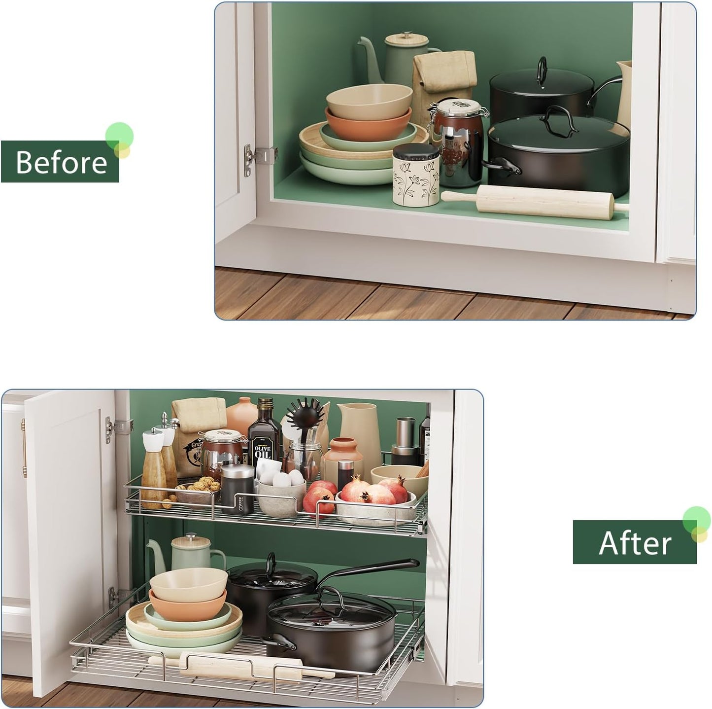 LOVMOR 2 Tier 31½"W x 21½"D, Individual Pull Organizer Kitchen Cabinet Storage Sliding Shelves