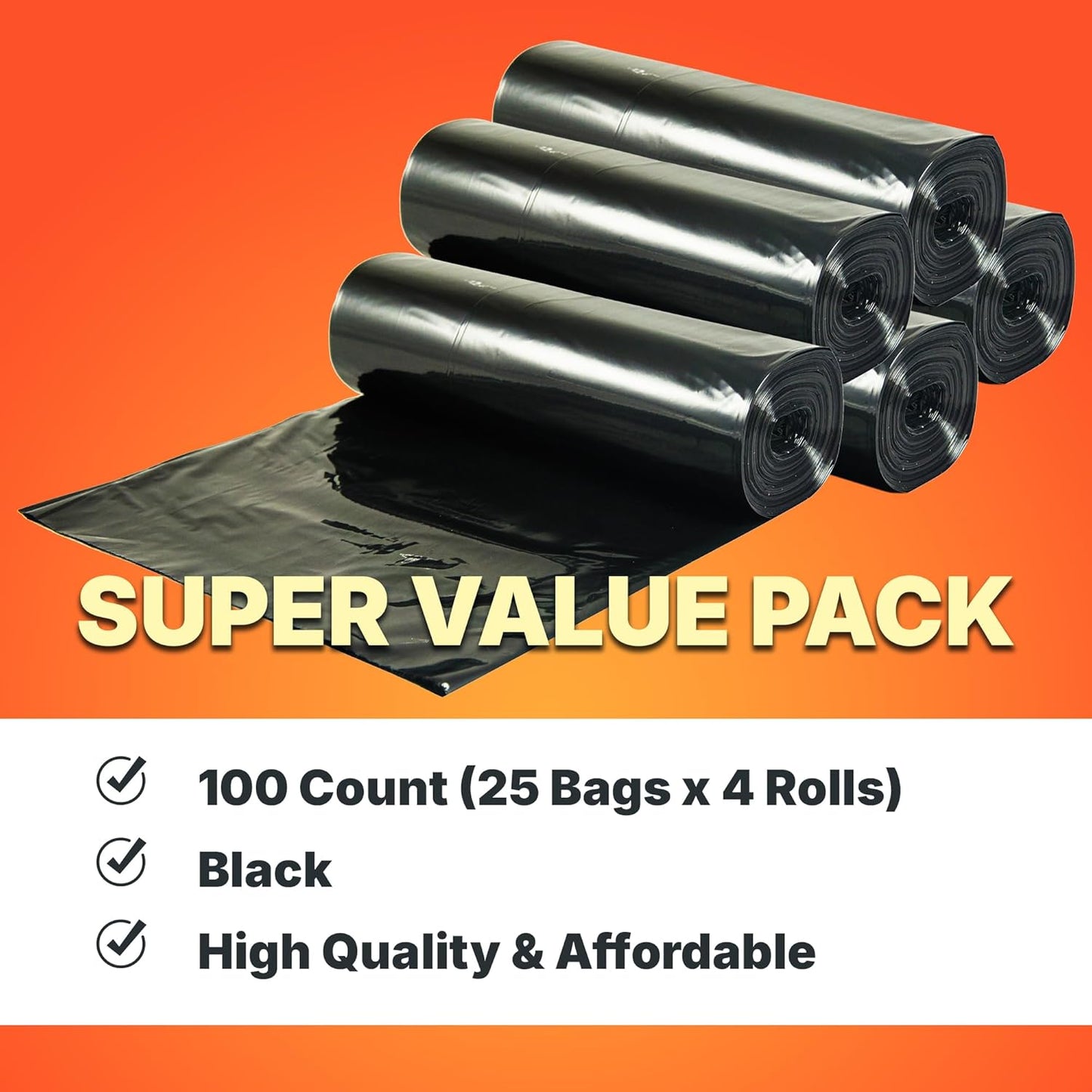 33 Gallon Trash Bags, 30 Micron Heavy Duty Pure LDPE Garbage Can Liners, 33" x 39" Large, Black, 100 Count