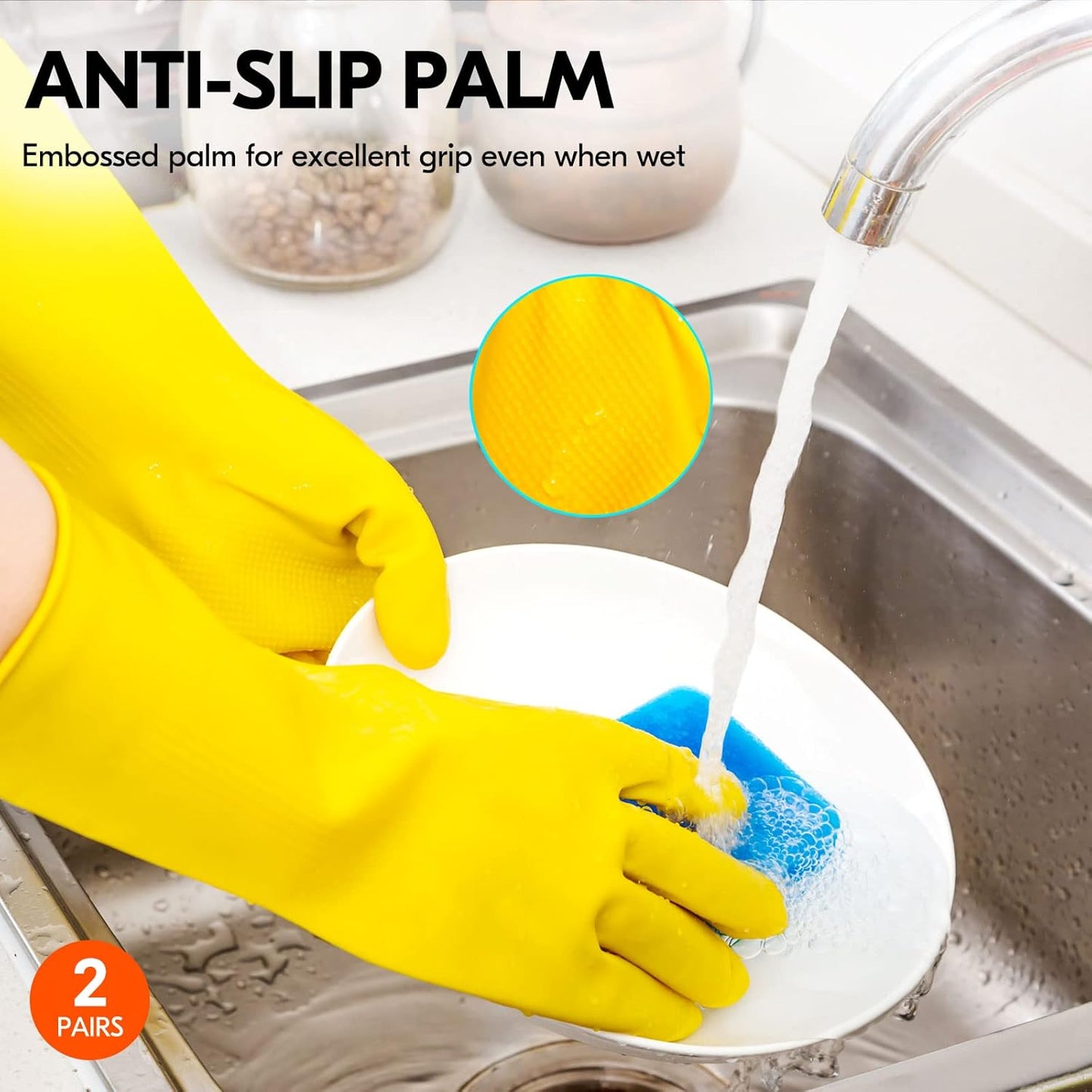 Vgo... 2-Pairs Reusable Household Gloves, Rubber Dishwashing gloves, Extra Thickness, Long Sleeves, Kitchen Cleaning, Working, Painting, Gardening, Pet Care (Size M, Yellow, HH4601)