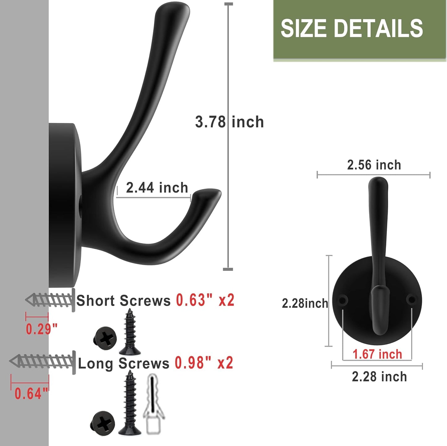 Matte Black Wall Hooks, 4 Pack Heavy Duty Coat Towel Hook Metal Double Backpack Hook Wall Mounted, Bath Towel Hooks for Entryway Cubicle Bathroom Closet Garage