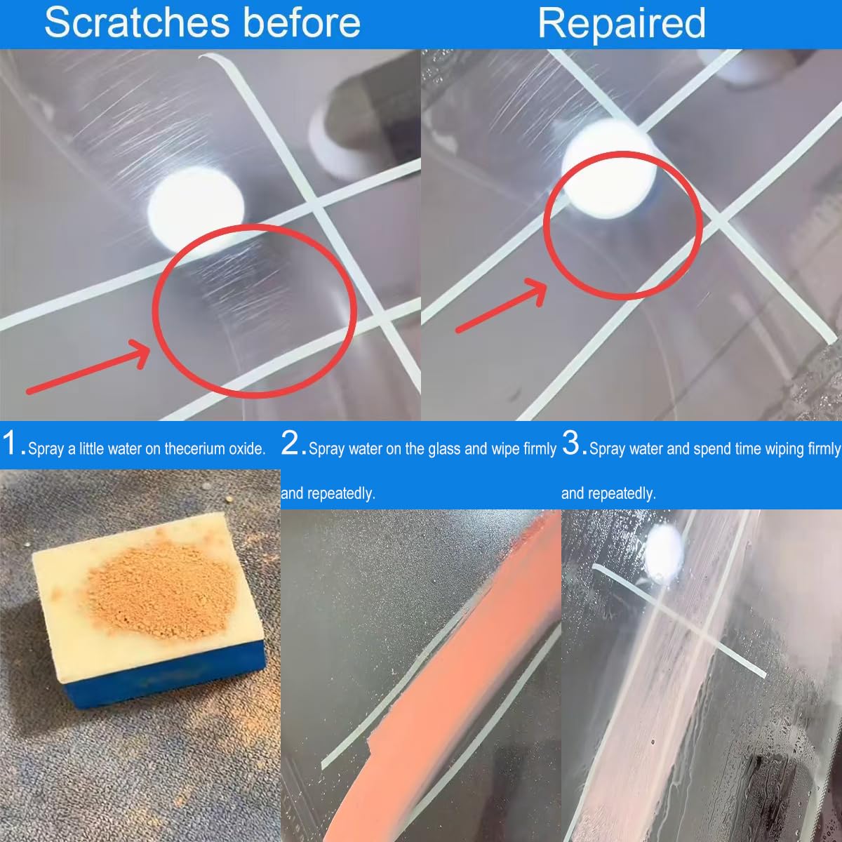 Cerium Oxide Glass Polishing Kit β Multifunctional Light Scratch Remover & Oil Film/Stain Cleaner for Windscreen and Glass Repair. Effectively Removes Oil Films, Stubborn Stains
