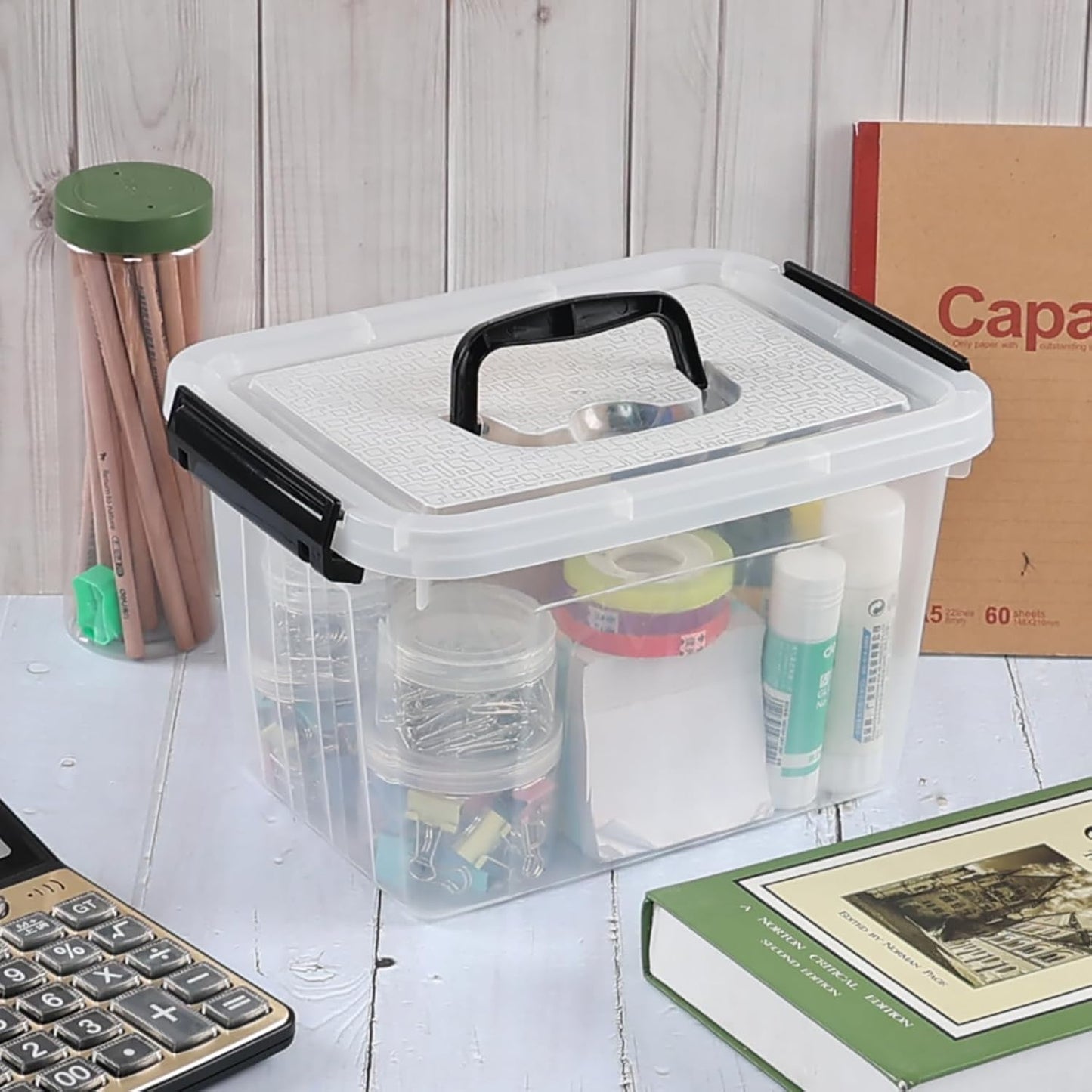 4 Packs Plastic Stackable Storage Container Bin with Lid and Latch, Plastic Latching Box with Handle, 5 L