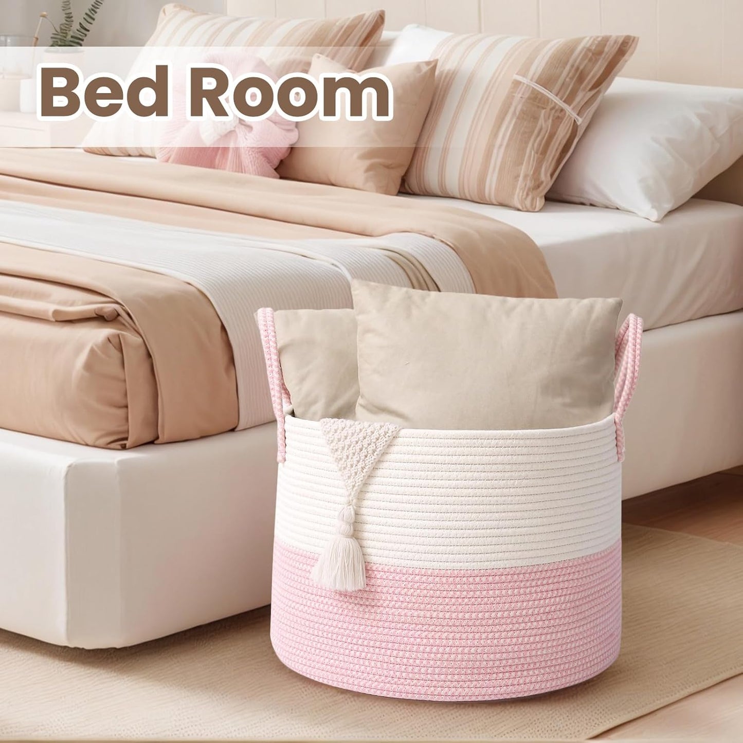 Woven Blanket Basket,115L Large Rope Storage Bin with Handles, Organizer for Blankets Toys Book and Clothes, Laundry Basket for Living Room Bedroom Nursery,White&Pink