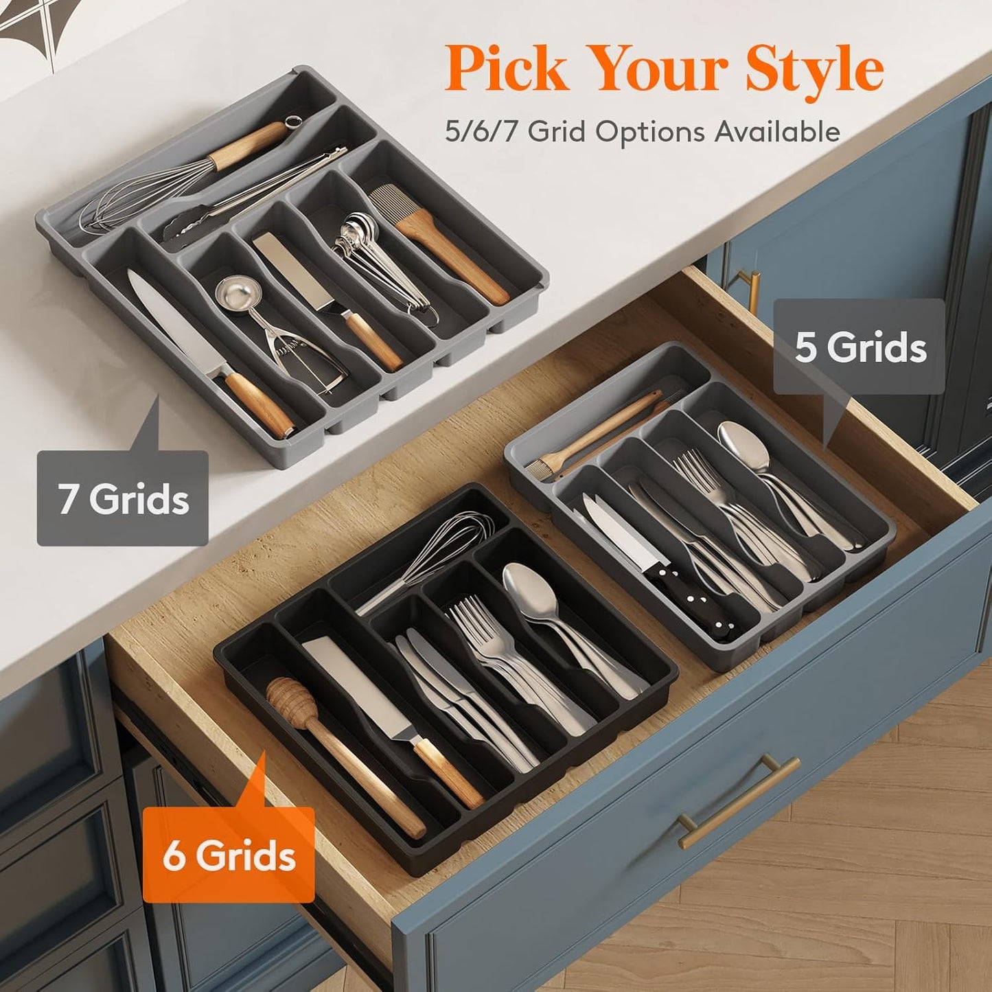 Lifewit Silverware Drawer Organizer Tray, Plastic Cutlery Storage for Kitchen Drawer, Flatware and Utensil Holder Divider for Spoons Forks Knives Tableware, 6 Compartment, Black