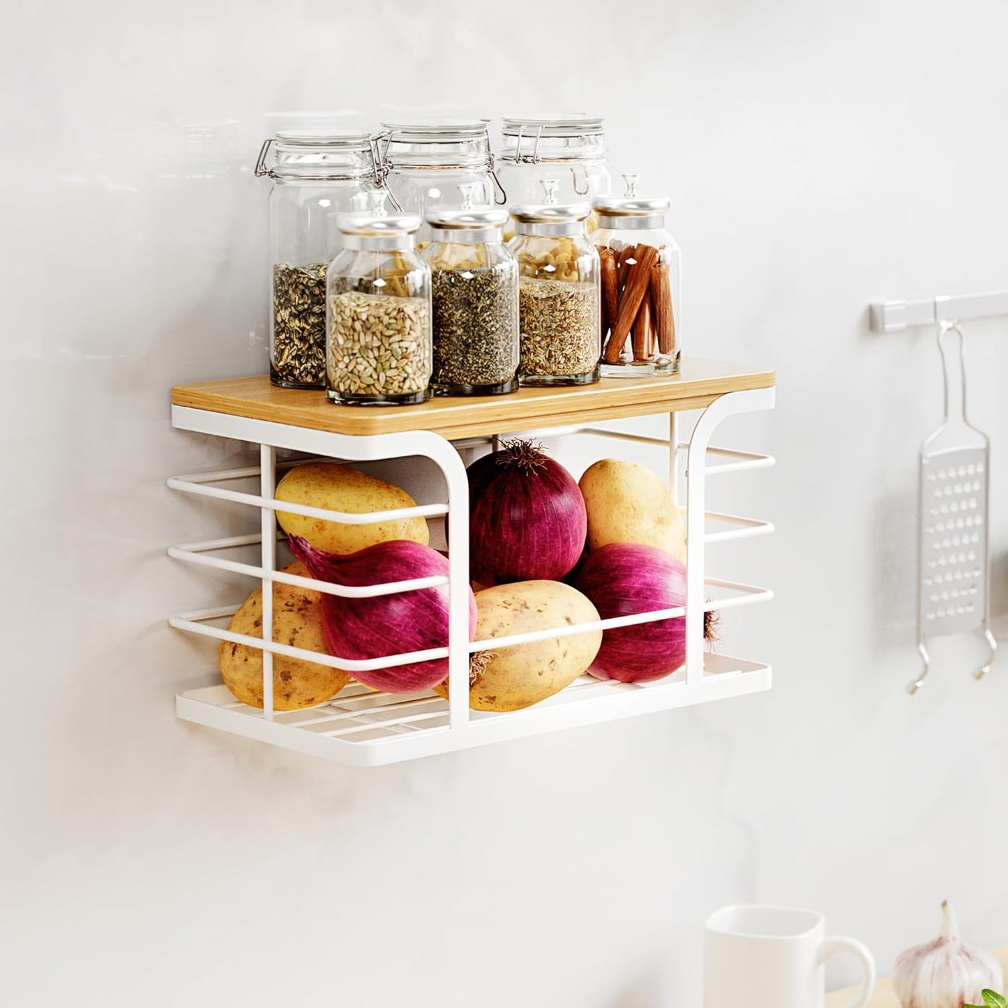 Trash Bag Holder Dispenser with Bamboo Top,Wall Mount Garbage Bag Dispenser,Stackable Storage for Kitchen Laundry Room Organization,White Small