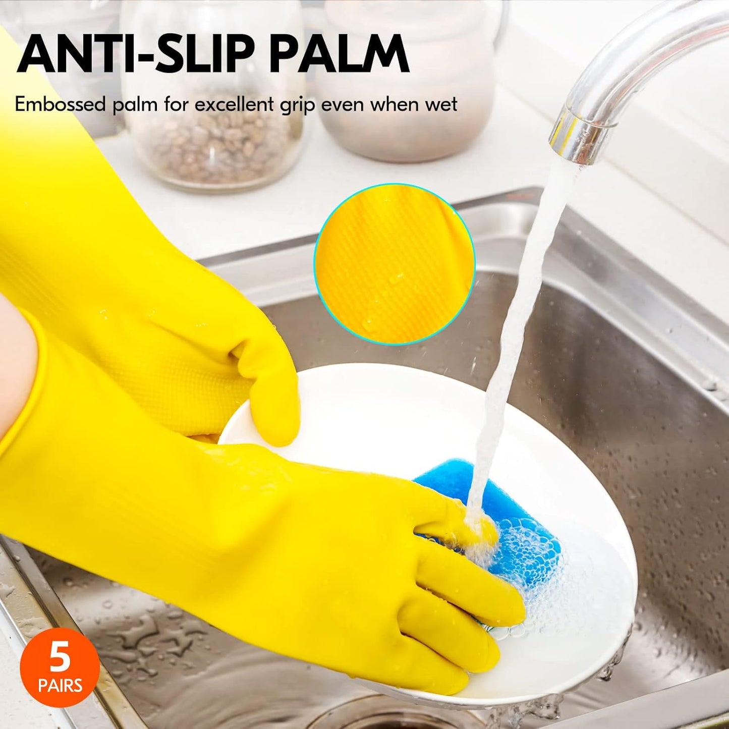 Vgo... 5-Pairs Reusable Household Gloves, Rubber Dishwashing gloves, Extra Thickness, Long Sleeves, Kitchen Cleaning, Working, Painting, Gardening, Pet Care (Size XL, Yellow, HH4601)