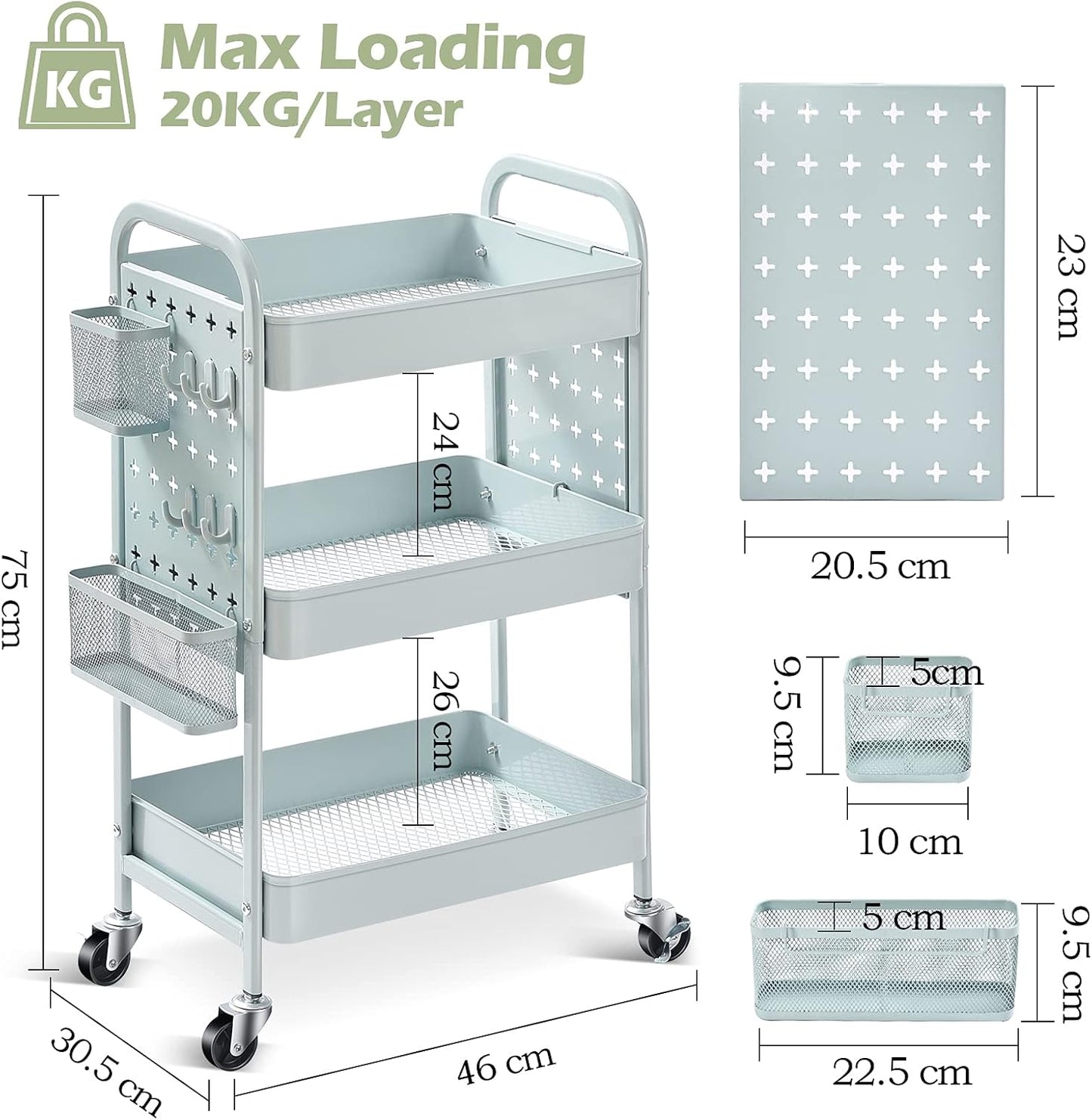 TOOLF 3-Tier Rolling Cart, Metal Utility Storage Cart with DIY Pegboards, Art Craft Trolley with Baskets Hooks, Serving Organizer Easy Assemble for Office, Home, Kitchen, Classroom (Green)