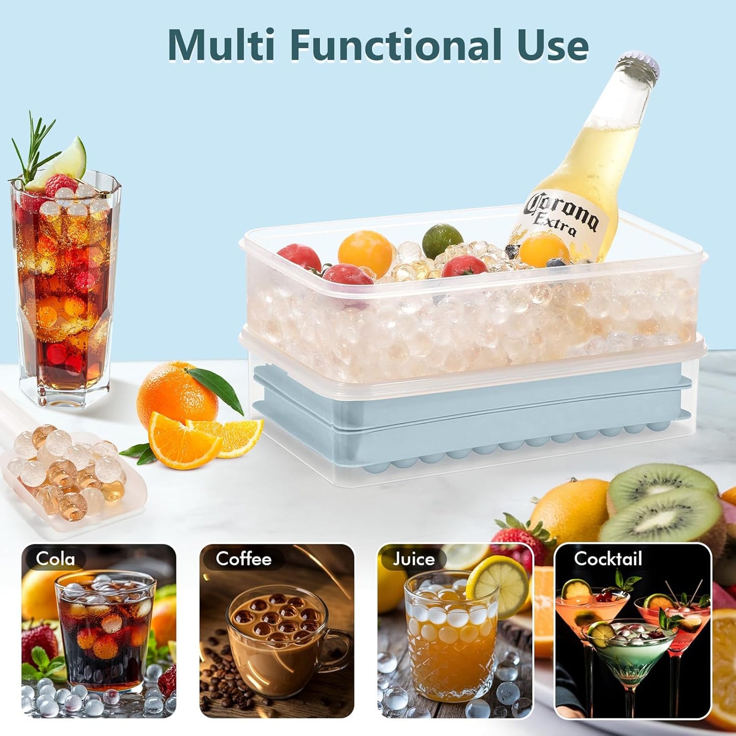 WIBIMEN Mini Ice Cube Trays, Small Tiny Round Pebble Crushed Nugget Ice Trays for Freezer with Lid - Chilling Drinks Coffee Juice(2 Pack/0.55In - Blue)