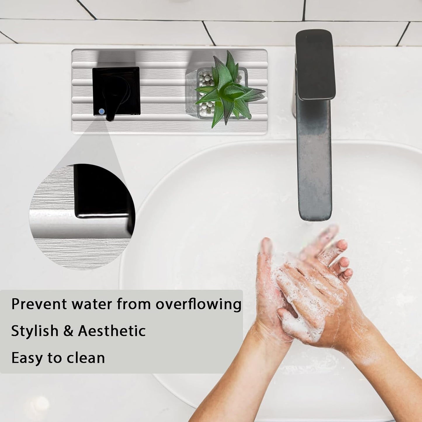 2 PCS Water Absorbing Stone Trays for Bathroom Sink & Kitchen Counter, Fast-Drying Diatomite Sink Caddy, Vanity Tray, Hand Soap Holder with Anti-Skid Pads (White, 8.7" x 4"/22 x 10cm)