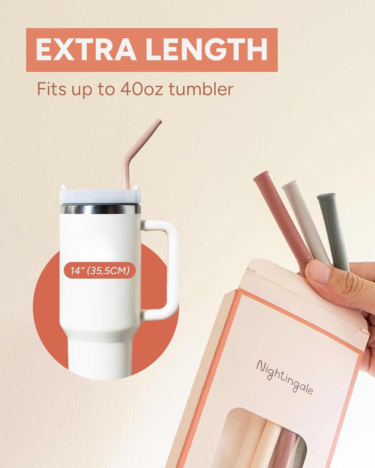 Nightingale 14โ Silicone Tumbler Straws - Compatible with Stanley 40 oz cup - Reusable Flexible Long Bendy Drinking Straw with Cleaning Brush for Tall Tumblers - Food-Safe - Set of 6 Oak