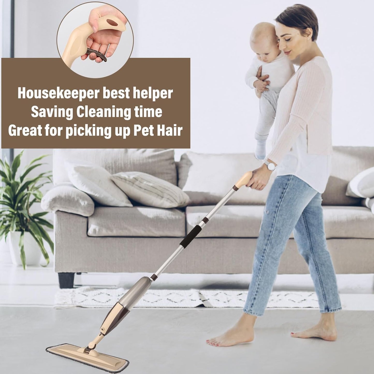 Mops for Floor Cleaning, 50 inch Spray Mop with 400ml Refillable Bottle and 2 Replacement Pads Dry Wet FloorCleaning Household or Commercial Use for Hardwood Laminate Tile Ceramic (Brown)