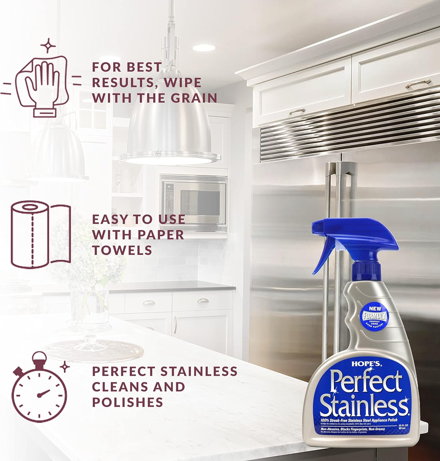 HOPE'S Perfect Stainless Steel Cleaner and Polish, 22-Ounce, Streak-Free Self-Polishing Formula, Blocks Fingerprints, 1 Pack