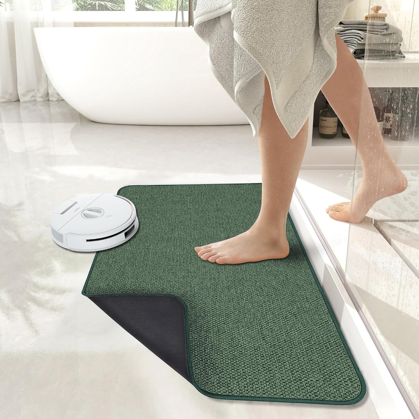 Bath Mat,Ultra Thin Bathroom Runner Rugs,Large Bath Mats for Bathroom,Quick Dry,Non-Slip,Machine Washable,Low Pile,Bath Rug,Shower Outside,Sink,Home Decor Accessories.Green,1'5"x2'11"(17x35inch)