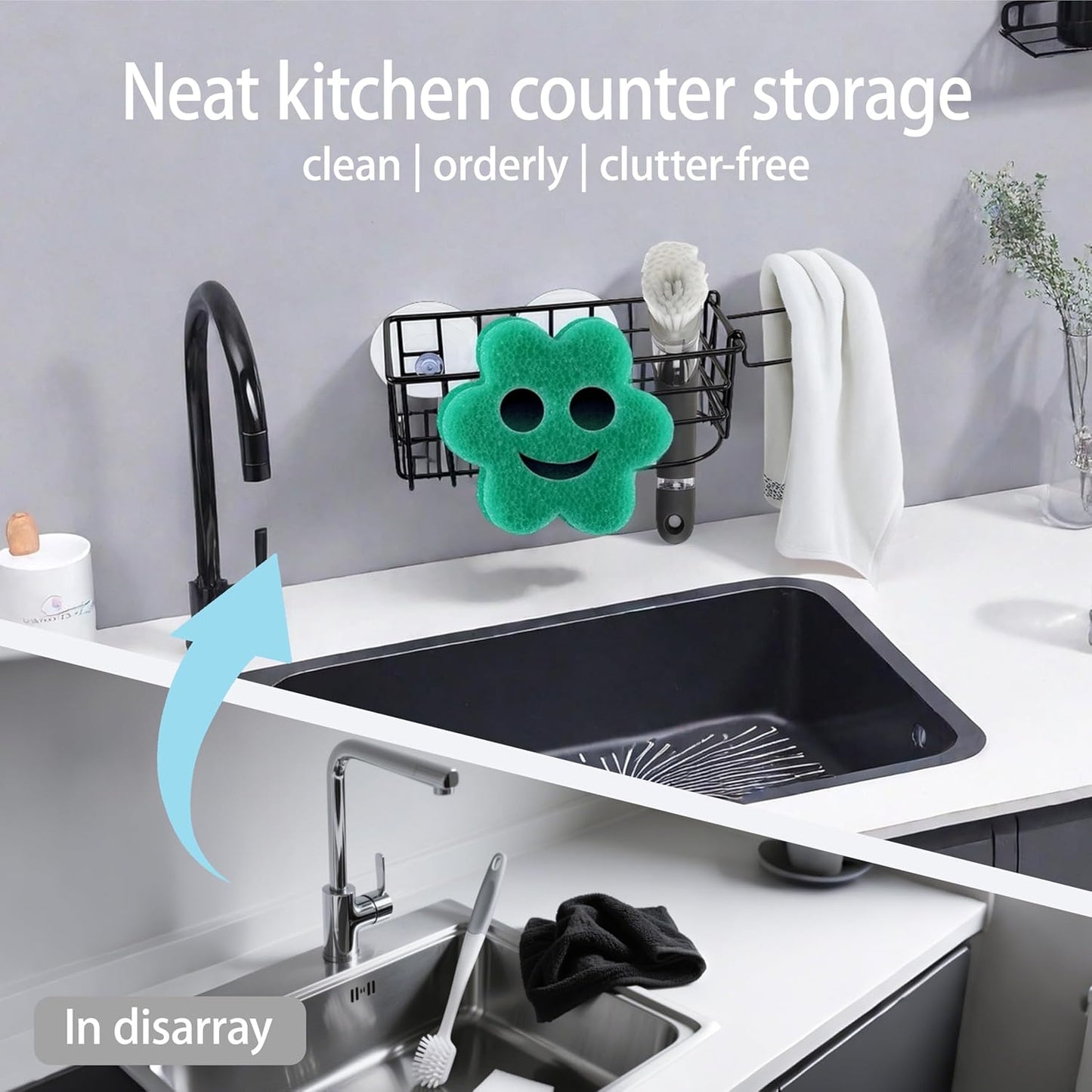 Sponge Holder Smile Face with Dish Cloth Hanger for Kitchen Sink, In-sink Caddy Organizer with Suction Cups & Adhesive Strips, Rustproof Sponge Rack for Soap, Brush, Scrubber - Black(3 Pack)