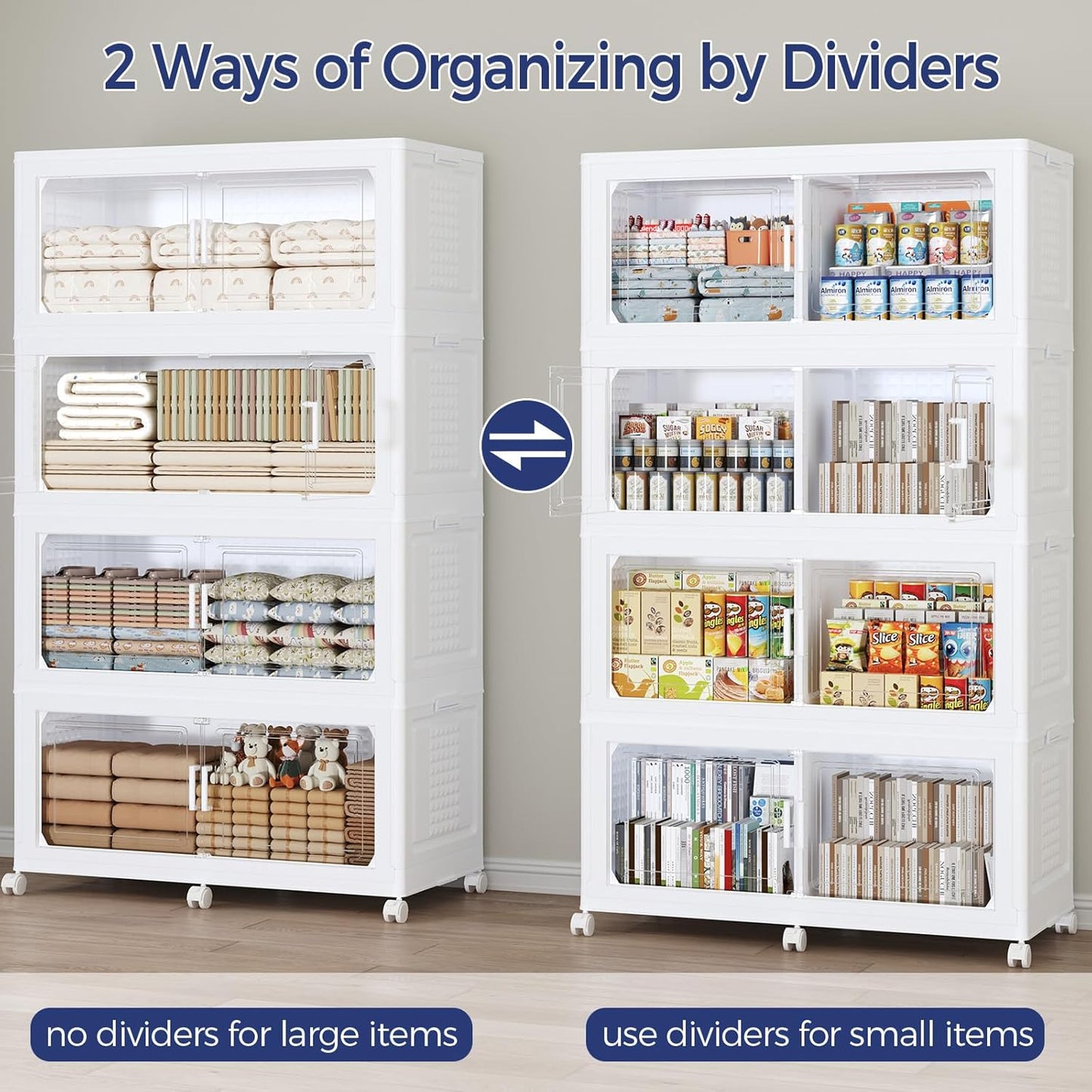 150GAL Storage Bins with Lid and Wheels, Stackable Closet Organizers and Storage Drawer, Collapsible Storage Box with Dividers, Foldable Plastic Cabinets Cubes Totes for Garage, 3 Pack White
