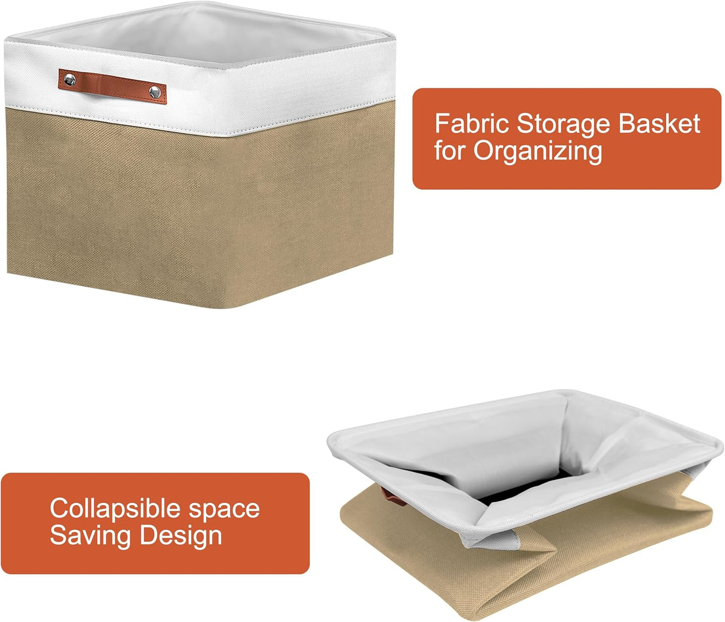 12in Open Fabric Storage Basket with Leather Handles for Organizing, Collapsible Linen Closet Bins for Shelves, Closets, Laundry, Decorative Basket for Gifts. (White&Khaki, 2PCS/12x12in)