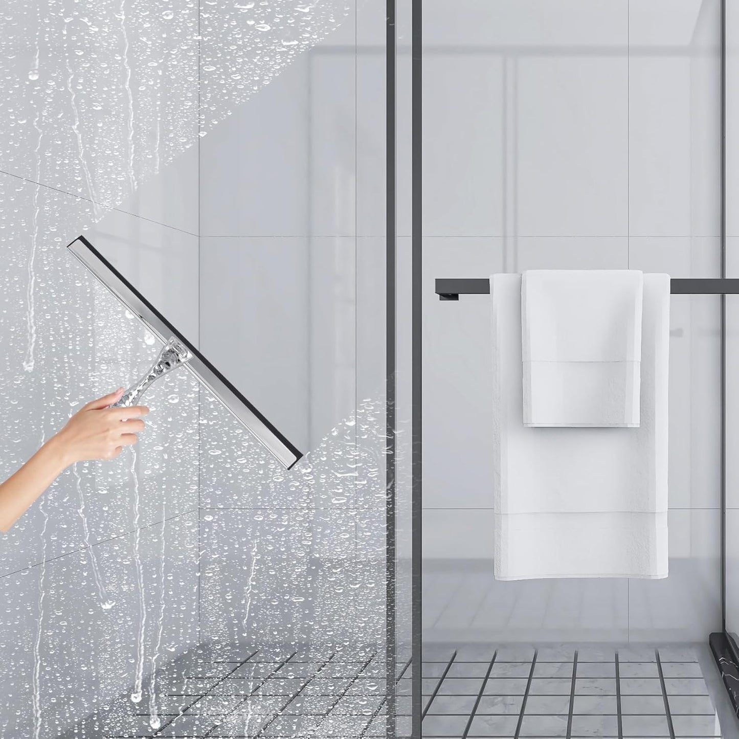 2-Pack Shower Squeegee for Glass Doors, 10 inch Silver Stainless Steel & 5 inch Pink Mini with 2 Hooks, Non-Slip Hammered Handle, Silicone Wiper for Shower, Bathroom, Tile and Mirror