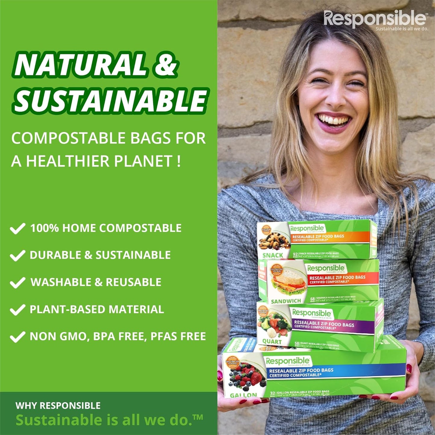 Responsible Products Certified Compostable SANDWICH Resealable Zip Bag, Extra Strength Food Bags, Plant-Based Freezer-Safe (68 Pack)