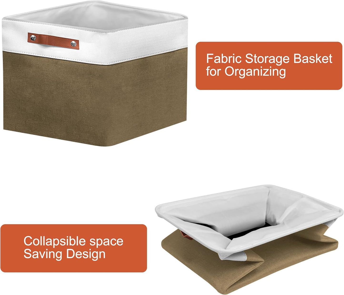 11in Open Fabric Storage Basket with Leather Handles for Organizing, Collapsible Linen Closet Bins for Shelves, Closets, Laundry, Decorative Basket for Gifts. (White&Brown, 3PCS/11x11in)