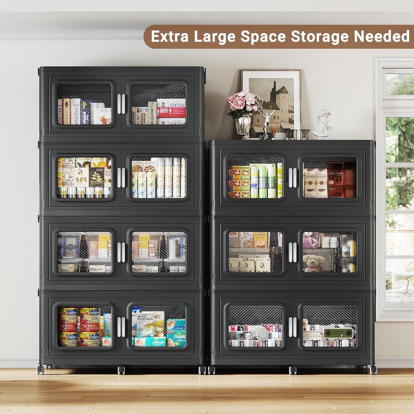 BROVIEW 220 Qt Stackable Storage Bin with Lids, 55Gal Extra Large Collapsible Storage Boxes, Folding Plastic Drawer, Heavy-Duty Store Cabinet, Closet Organizer for Home Kitchen, 1 Pack Black