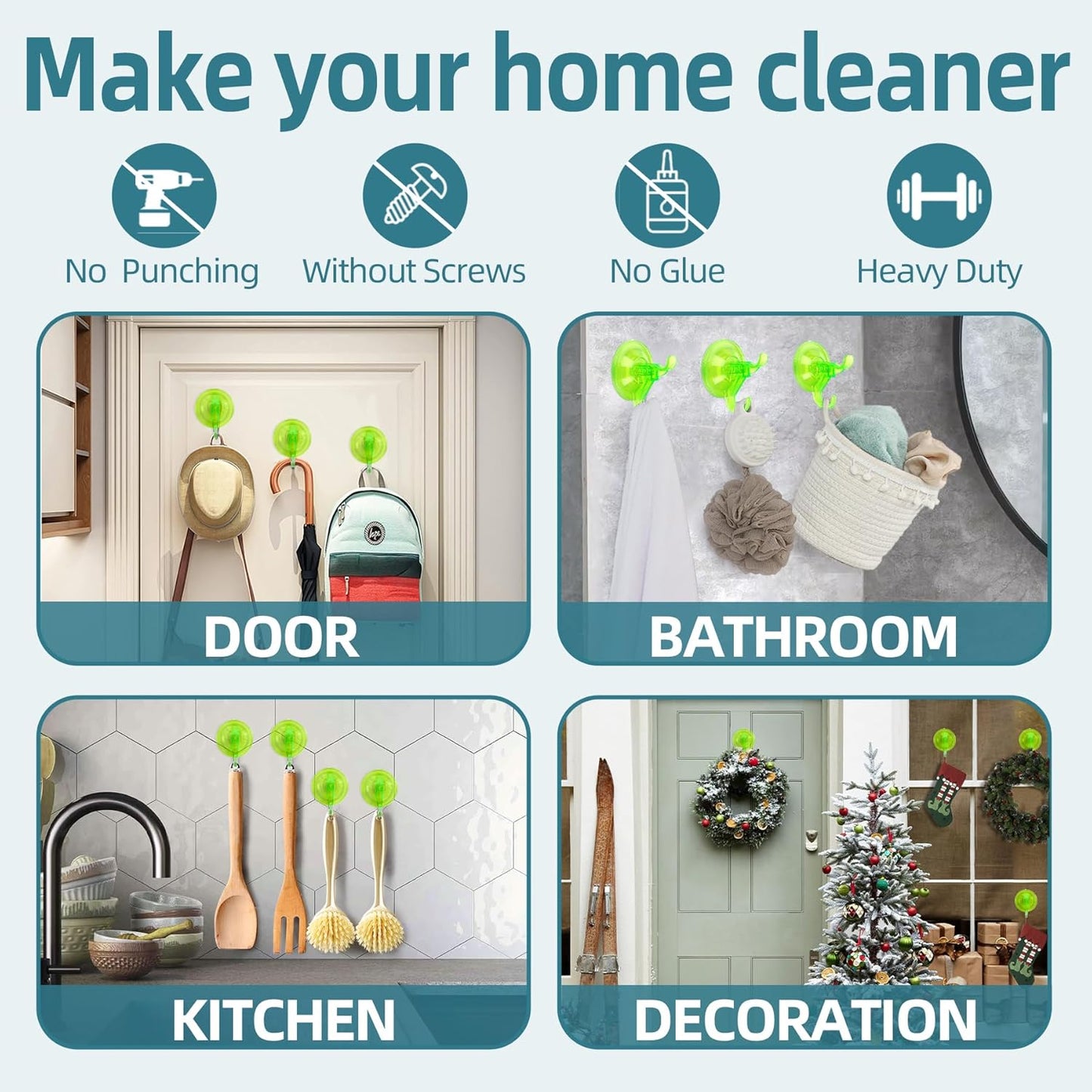 Antimbee Suction Hooks, 10 Pack Reusable Hangers, Removable Small Suction Cups for Shower, Bathroom, Glass, Door, Windows, Kitchen - Up to 11 lbs on Smooth Surface (Transparent Green)