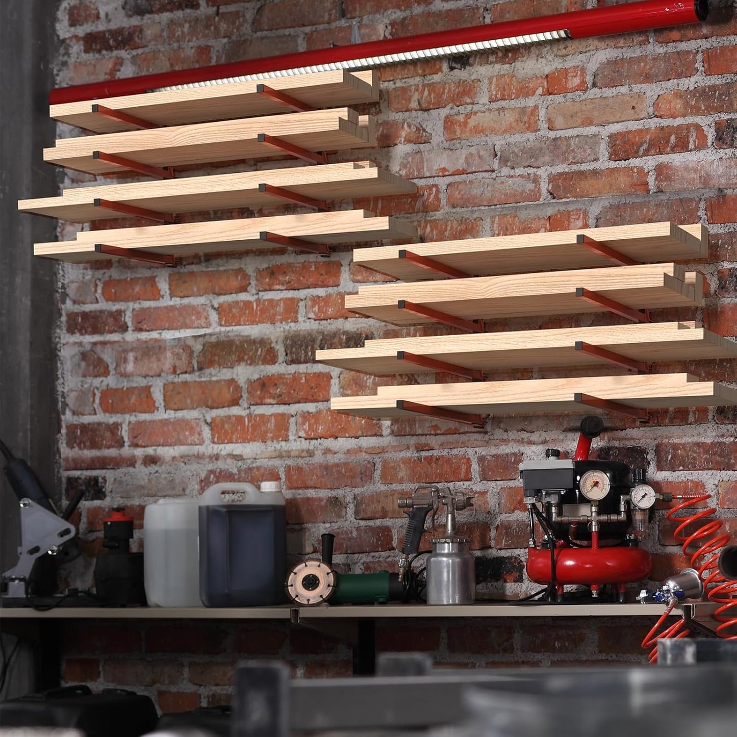 NANANARDOSO Wall Mount Wood Organizer and Lumber Storage,Heavy Duty Metal Shelf with 4-Level,Lumber Metal Racks for Indoor and Outdoor Use,2 Pack