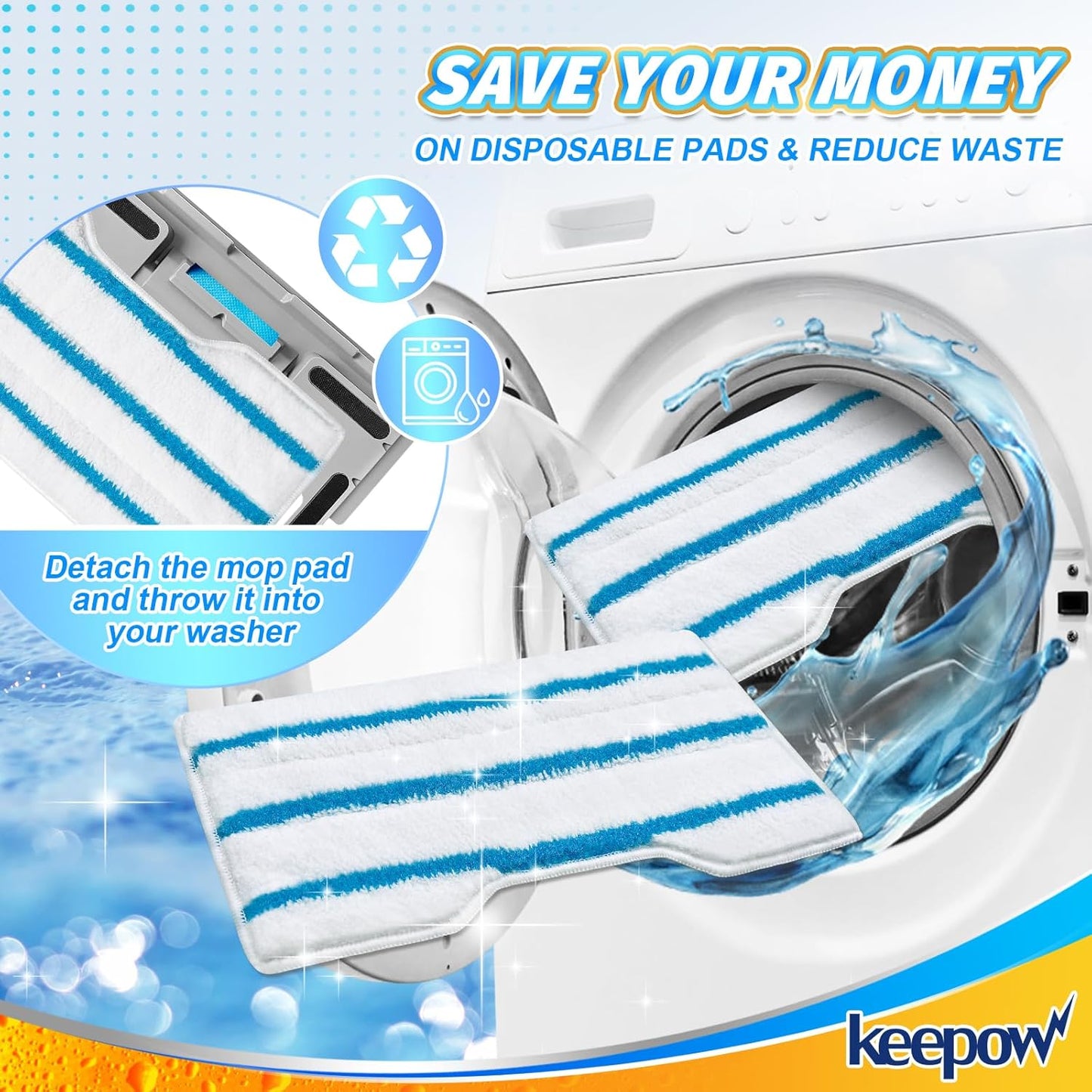 KEEPOW Reusable Mop Replacement Pads Compatible with Shark Vac Mop VM252 VM200 VC205 VM250 /QM250 VM190 VM200P12, Washable Vacuum Mop Pad Refills, Upgraded Dirt Chamber for Floor Mop (1+3+6 Pads)
