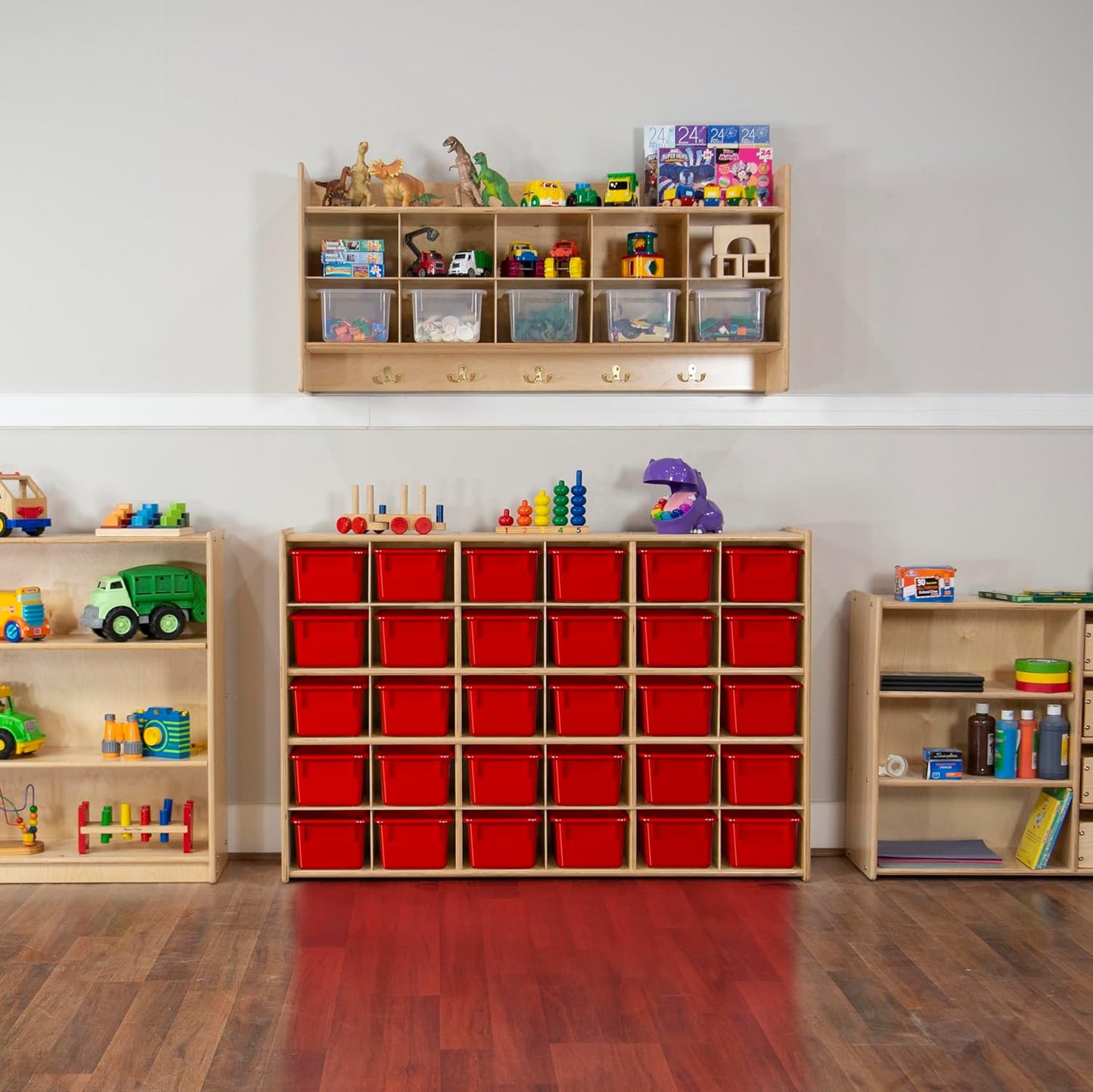 Wood Designs Cubby Storage Bin, Heavy Duty Plastic Containers for Kids Red Cubby Tray Set of 10