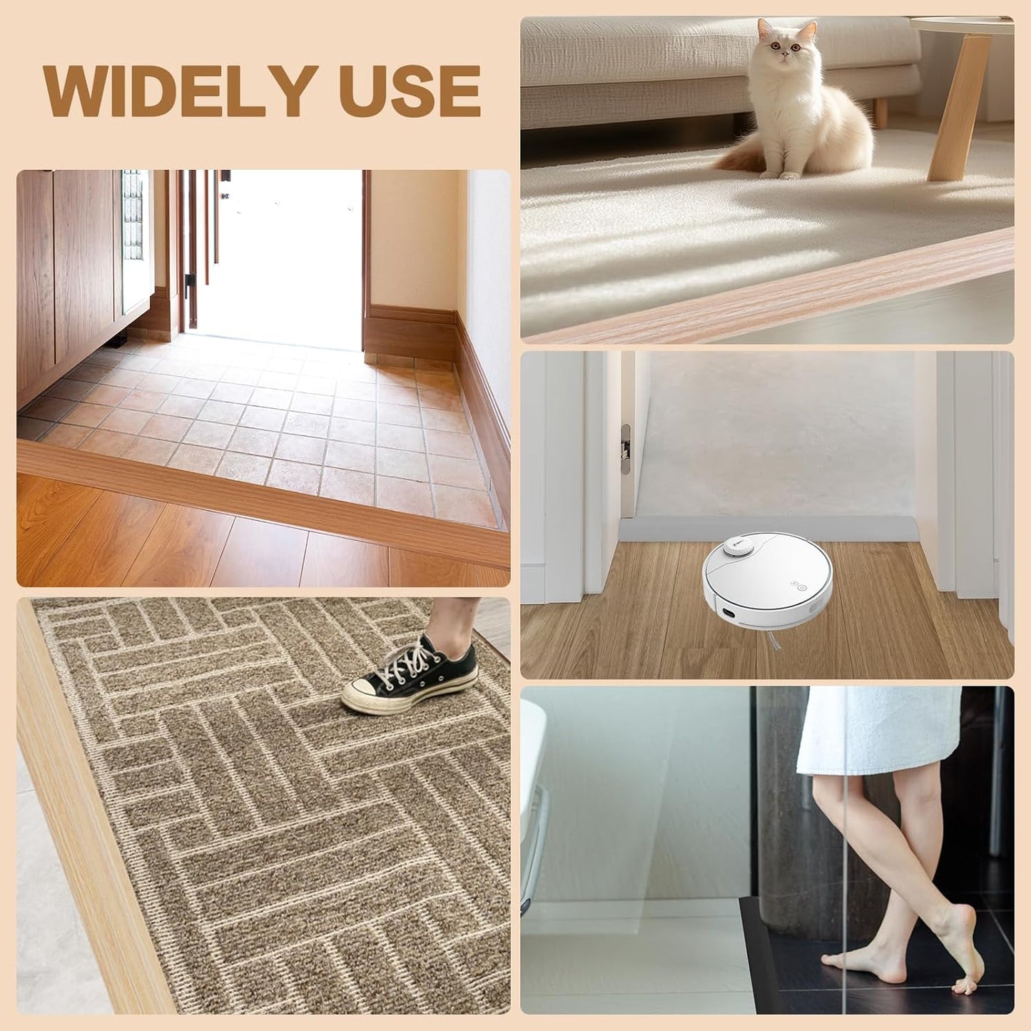 Floor Transition Strip Vinyl Door Threshold Ramp Self Adhesive Carpet Edging Strip Doorway Edge Trim, Overlap Edge Reducer for Laminate Carpet, Floor, Tile (Yellow Wood, 1/5" to 2/5", 6.6Ft)