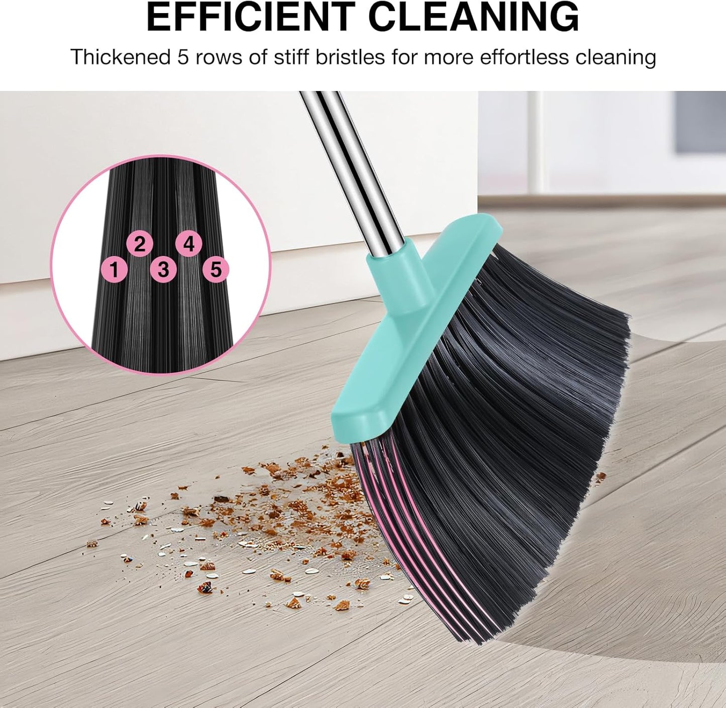 NACENA Broom and Dustpan Set, 52-in Long Adjustable Handle Broom Dustpan Combo with Dustpan Teeth to Automatically Clean Hair Suitable for Home Kitchen Office Hall Floor (Pink&Blue), 4 Pack