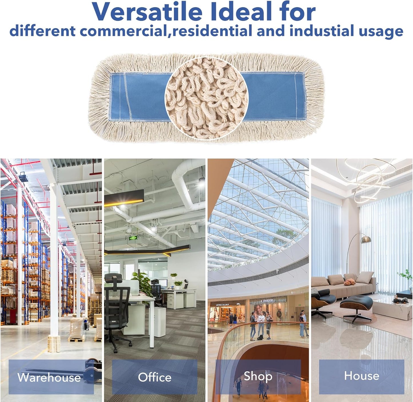 Matthew Cleaning 36'' Industrial Strength Cotton Dust Mop Refill Washable Replacement Heads for Residential & Commercial Use Fit Standard Dust Mop Frames, Hardwood, Concrete Floors Blue&White 1 Pack