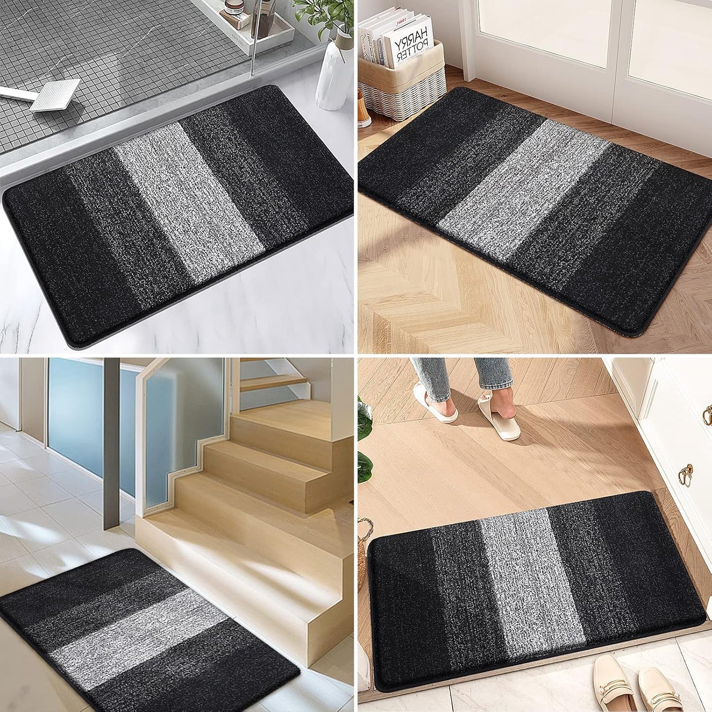 Kitinjoy Indoor Outdoor Door Mat, 48x30 Non-Slip Absorbent Dirt Trapper, Low-Profile Washable Inside Entrance Front Floor Mat, Sturdy Soft Entry Doormats for Entryway, Black