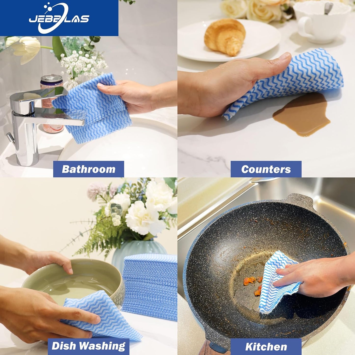 JEBBLAS Handi Wipes Reusable Cloths Dry Cleaning Cloths Dish Towel Kitchen Towel Handy Cleaning Wipes,Pack of 50, Blue