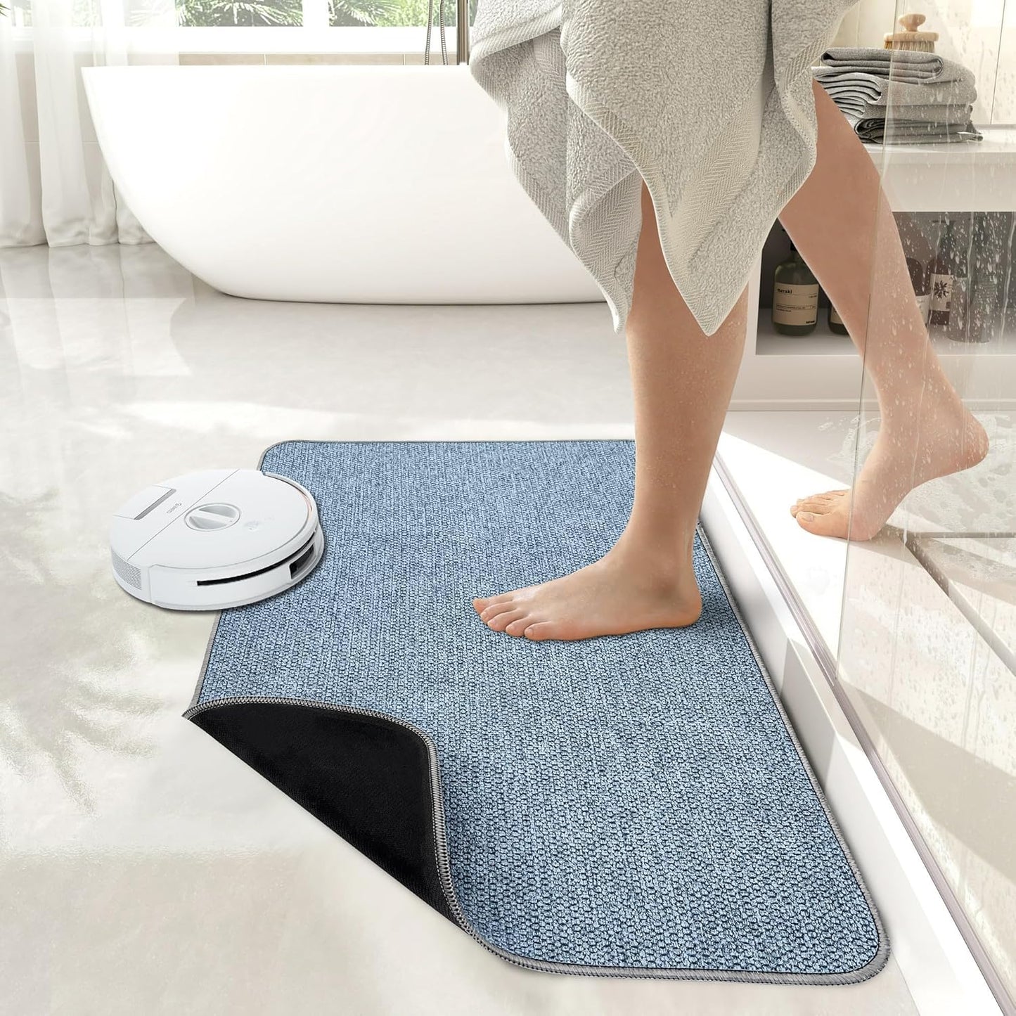 Bath Mat,Ultra Thin Bathroom Runner Rugs,Large Bath Mats for Bathroom,Quick Dry,Non-Slip,Machine Washable,Low Pile,Bath Rug,Shower Outside,Sink,Home Decor Accessories.Blue,1'5"x2'11"(17x35inch)