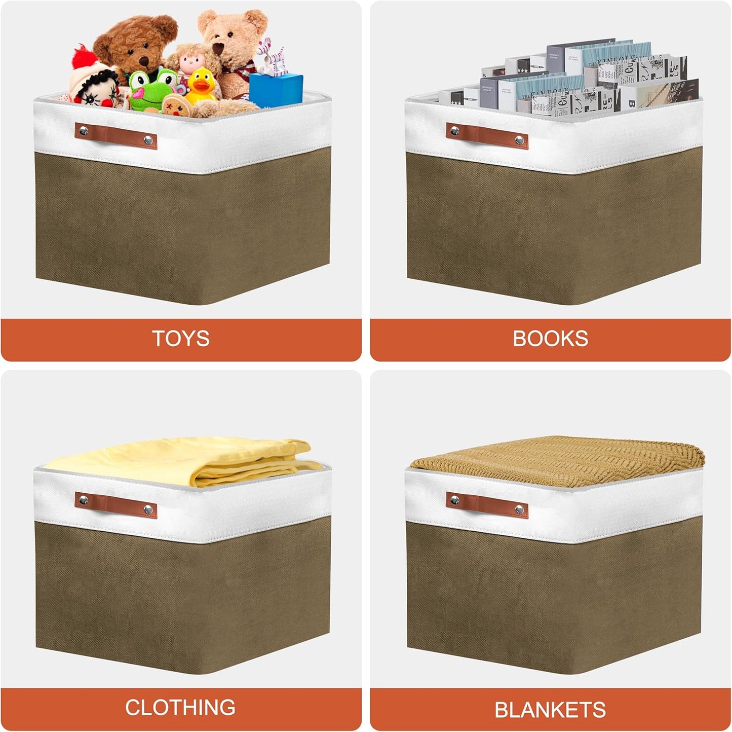 13in Open Fabric Storage Basket with Leather Handles for Organizing, Collapsible Linen Closet Bins for Shelves, Closets, Laundry, Decorative Basket for Gifts. (White&Brown, 3PCS/13x13in)