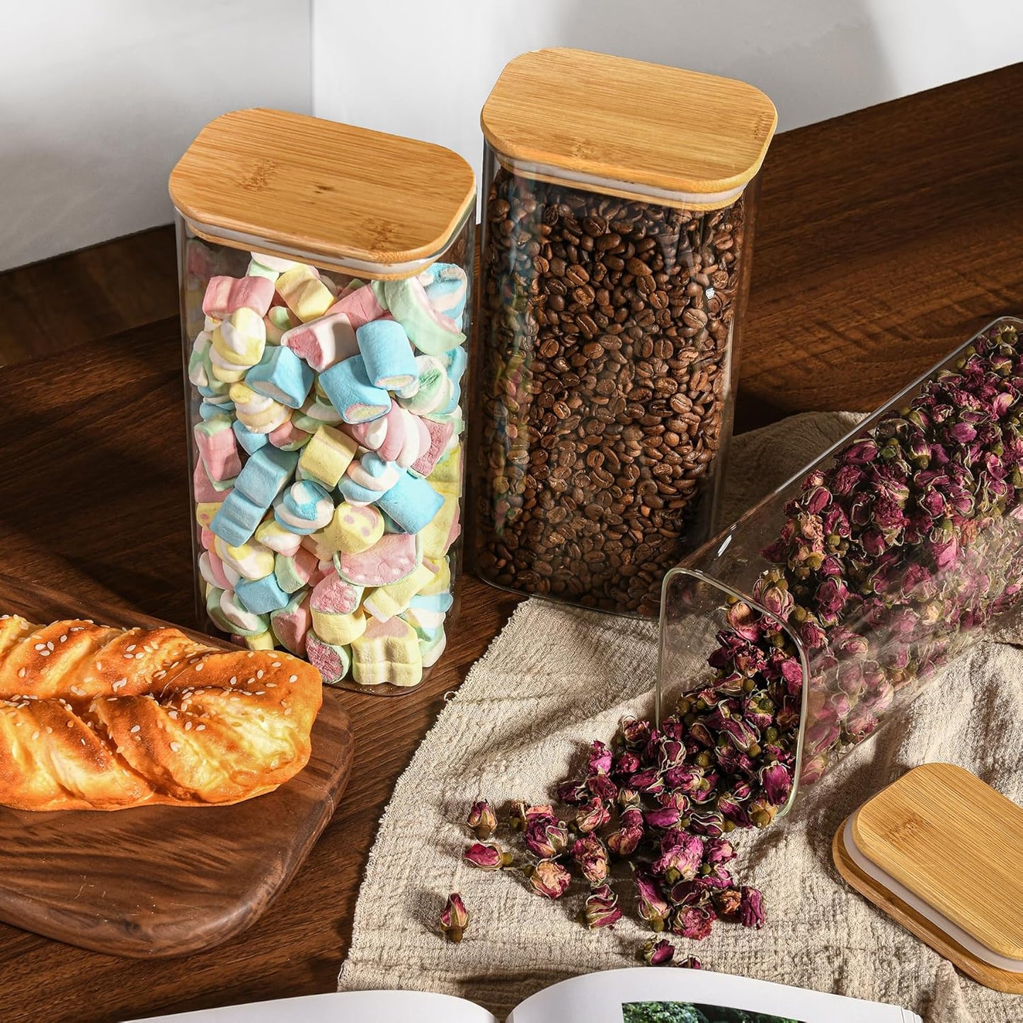 64oz Rectangle Airtight Glass Storage Containers with Bamboo Lids (Set of 4), Square Food Storage Jar, Pantry Organizers for Cereal, Flour, Pasta and Coffee beans (with Black Lable)