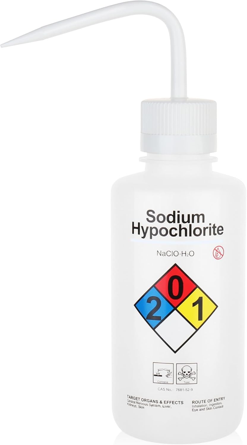 Sodium Hypochloride Wash Bottles, Vol.500ml (17oz), Narrow Mouth, Self-Venting Safety Wash Bottles, LDPE Material, IN-WBS500，Pack of 1, IN-WBS501