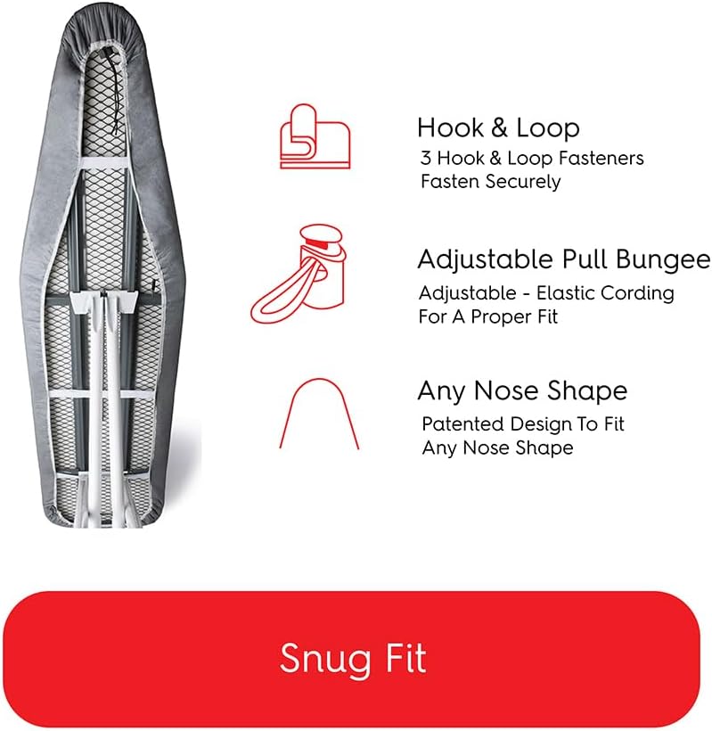 TIVIT Ironing Board Cover 12 x 34, Made in Italy. Pro Grip Pad Covers w/3 Fastener Straps & Pull Bungee Cord - Durable Scorch & Stain Resistant Padded Layers, Heat Reflective AlumiTek PRO Top Coat