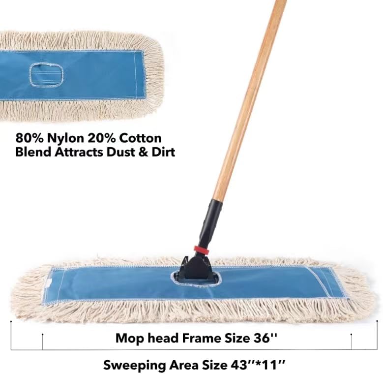 Matthew Cleaning 36'' Industrial Strength Cotton Dust Mop Refill Washable Replacement Heads for Residential & Commercial Use Fit Standard Dust Mop Frames, Hardwood, Concrete Floors Blue&White 3 Pack