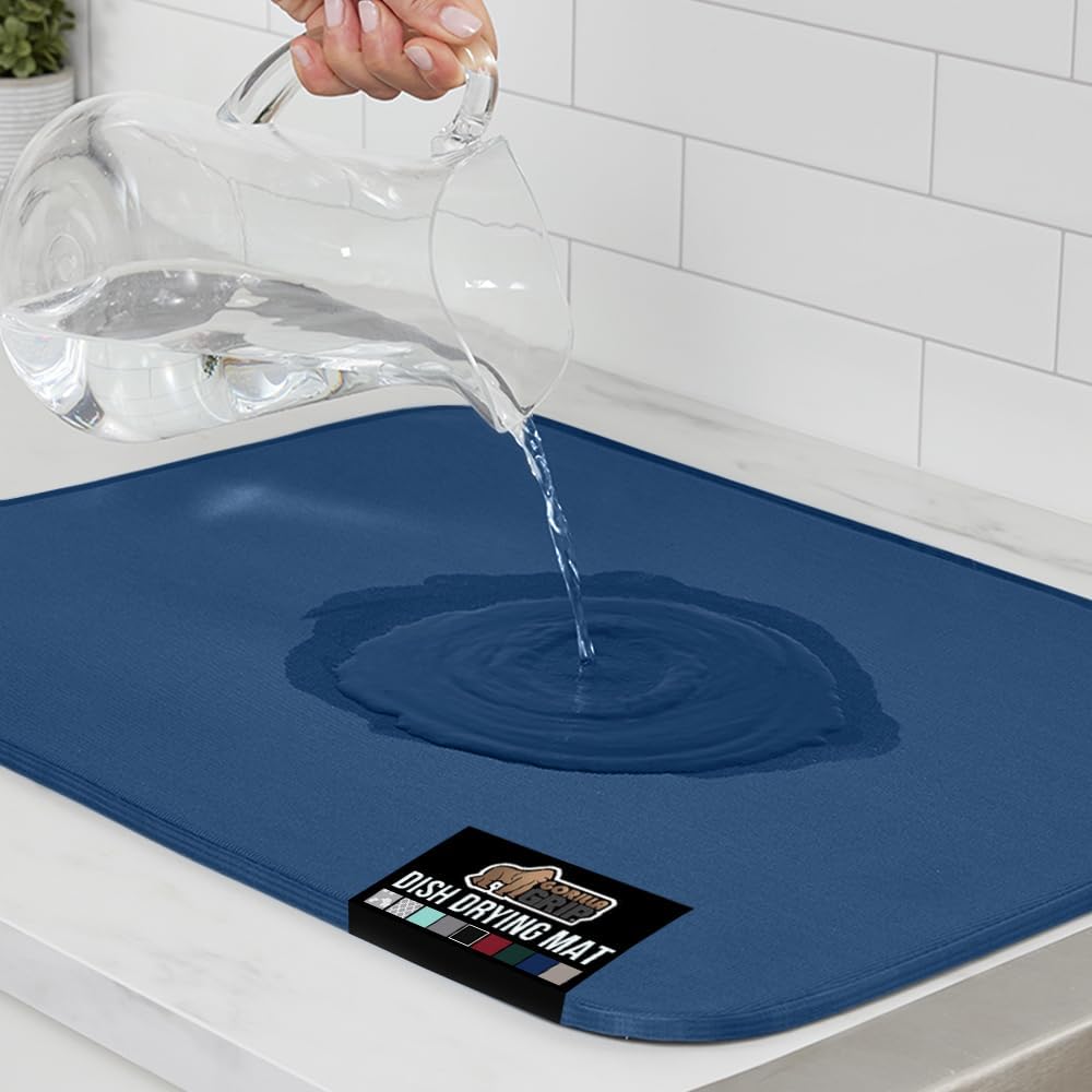 GORILLA GRIP Ultra Water Absorbent Microfiber Dish Drying Mat, 18x32, Quick Dry Thick Mesh, Slip Resistant Pad for Sink Dishes or Under Rack, Kitchen Counter Accessories, Machine Wash, Blue