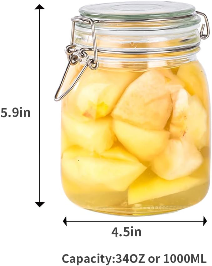 32oz Glass Food Storage Jars with Airtight Clamp Lids,Set of 4 Airtight Glass Canister Square- Clear Storage Container for Kitchen Container Storing Sugar, Flour, Cereal,Coffee,Spice…