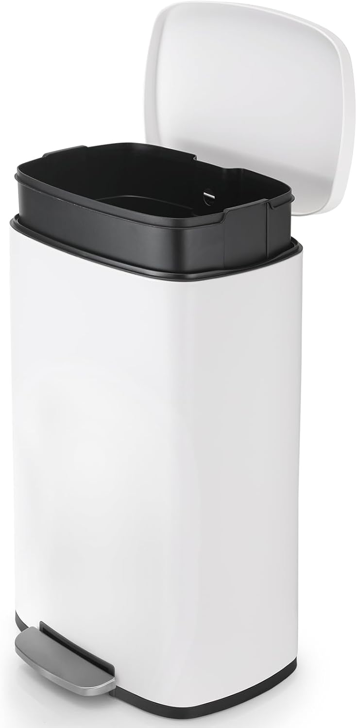 8 Gal Kitchen Trash Can, 30L Recycling or Garbage Bin, Brushed Stainless Steel Waste Basket, Soft&Quiet Close Dustbin, with Step-On Pedal, Removable Inner Bucket, for Home, Office, LIving Room