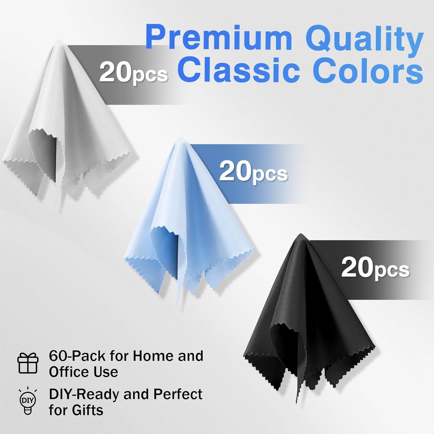 60-Pack Microfiber Cleaning Cloths for Glasses, 6x7 Inch Premium Lens Cleaning Cloth for Screens, Cameras, Eyeglasses, Cell Phone, LCD TV Screens，Black，Grey and Light Blue