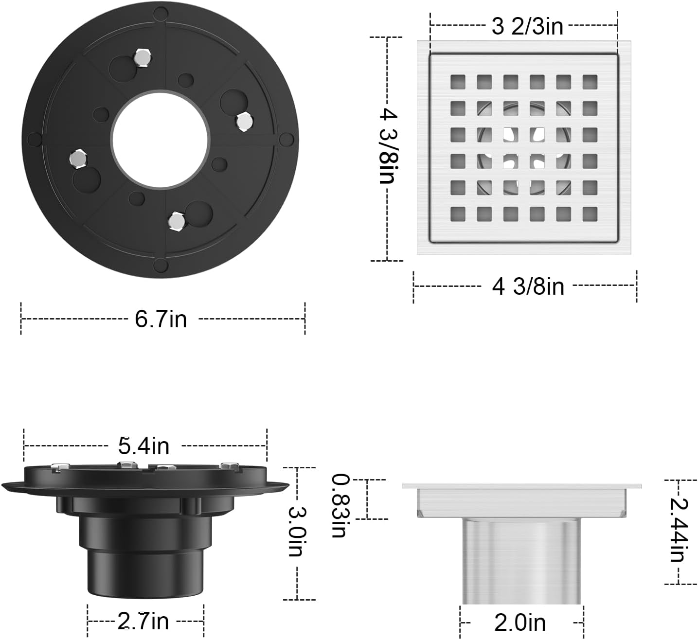 4-3/8 Inch Square Shower Floor Drain Brushed Stainless Steel Drain Kit with Flange, Removable Grid Cover, Hair Strainer