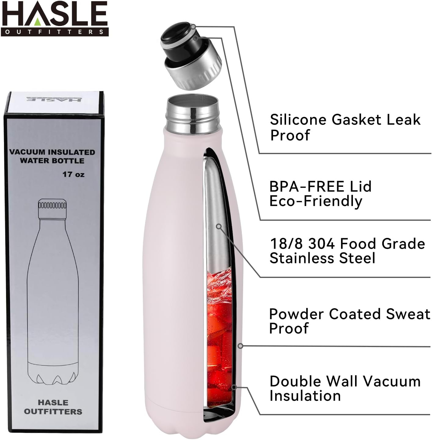 HASLE OUTFITTERS 17oz Stainless Steel Water Bottles Bulk, Vacuum Insulated Water Bottles Double Walled Powder Coated Reusable Metal Sports Water Bottles Keep Drinks Hot and Cold,Pink,4Packs