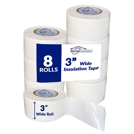BlueTex Insulationㅤ 3" Wide x 180' Long White Vapor Barrier Seam Tape - 8 Roll Bulk Pack Waterproofing & Great for Crawlspaces, Insulation Repairs, Underlayment Seams, Metal Building Insulation Seams